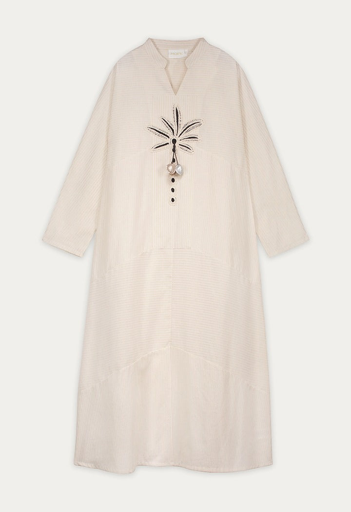 Striped Palm Details Dress Beige