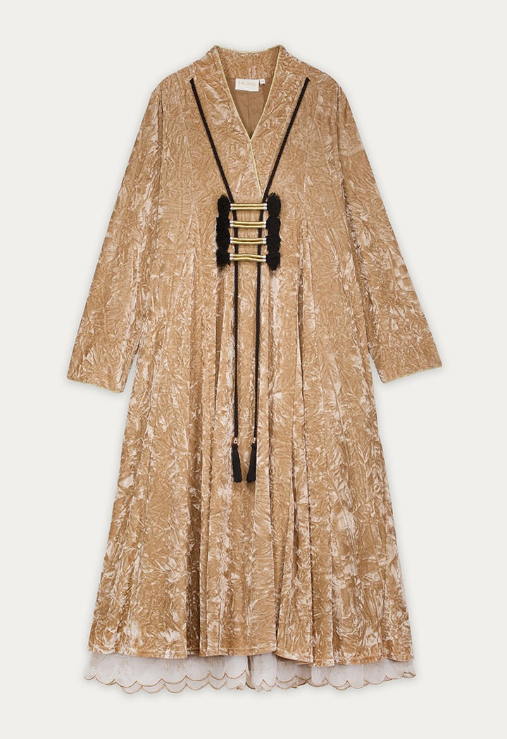 Crinkled Velvet Tassel Dress Beige