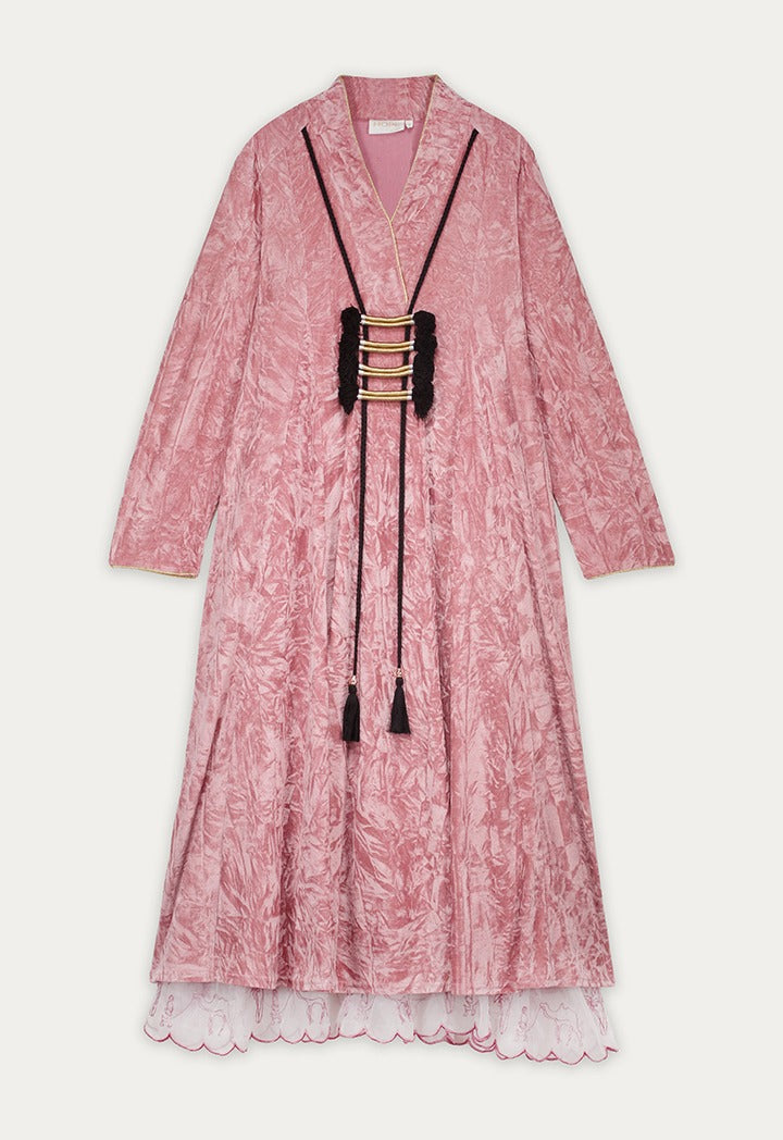 Crinkled Velvet Tassel Dress Pink