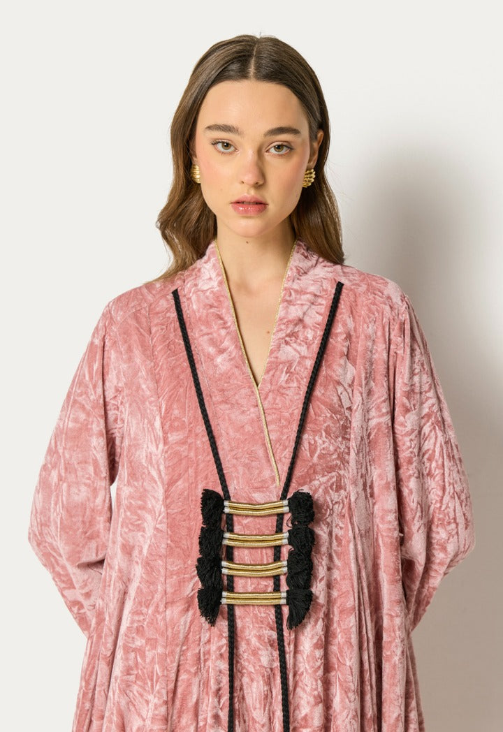 Crinkled Velvet Tassel Dress Pink