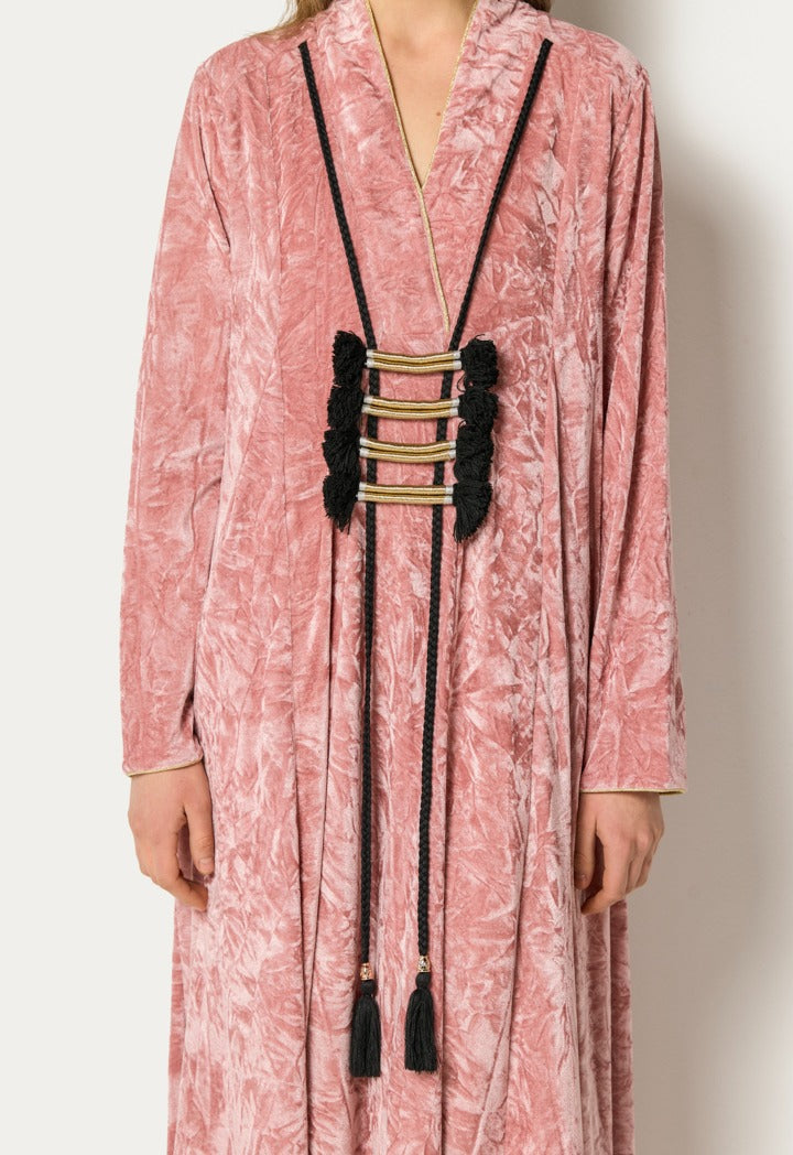 Crinkled Velvet Tassel Dress Pink