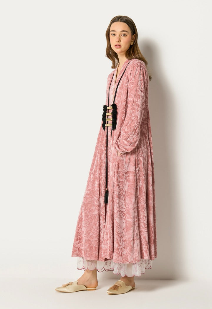 Crinkled Velvet Tassel Dress Pink