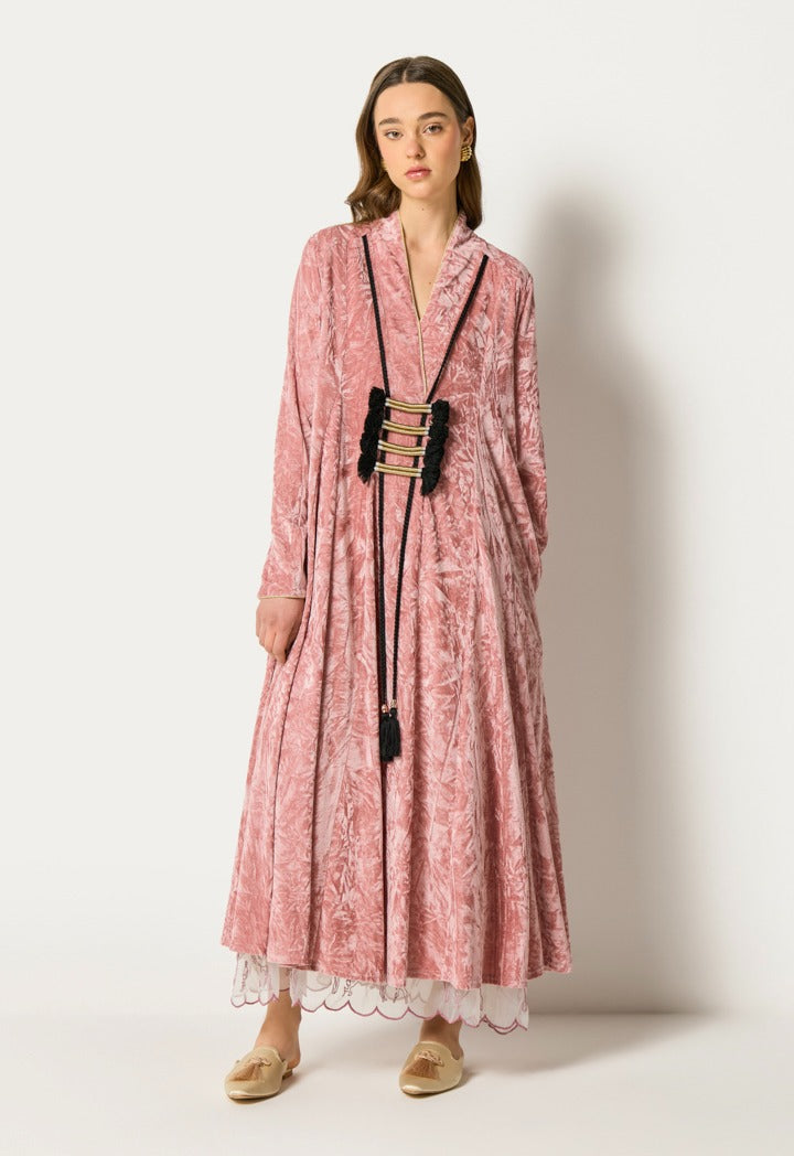 Crinkled Velvet Tassel Dress Pink