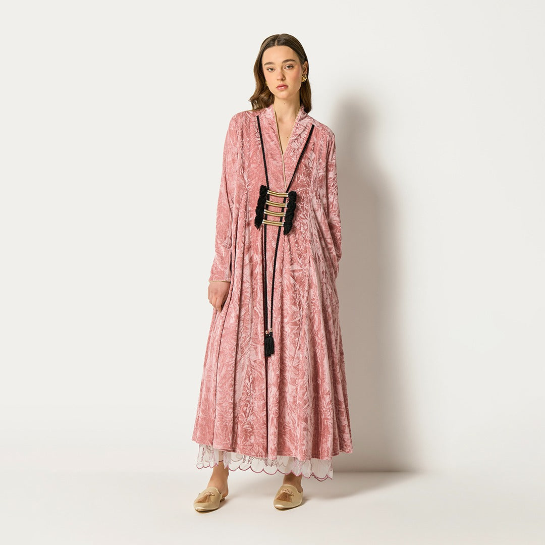 Crinkled Velvet Tassel Dress Pink