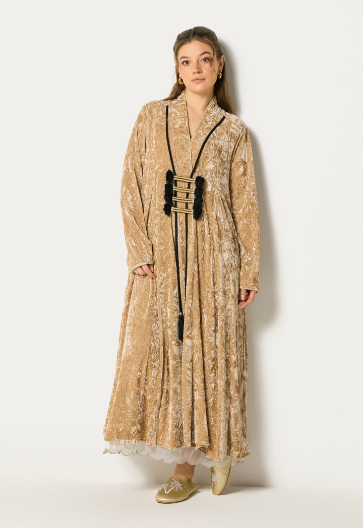 Crinkled Velvet Tassel Dress Beige