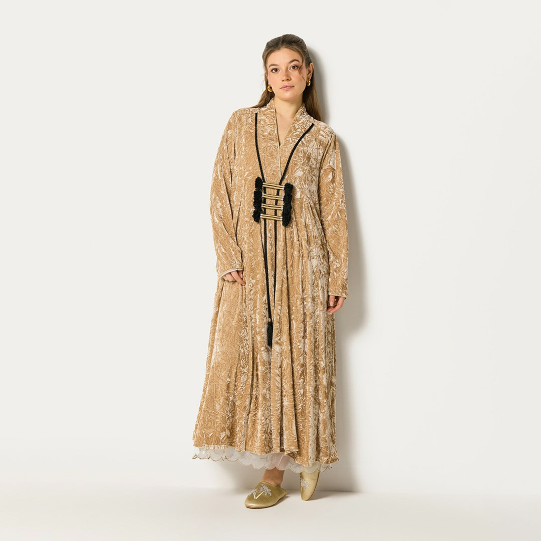 Crinkled Velvet Tassel Dress Beige