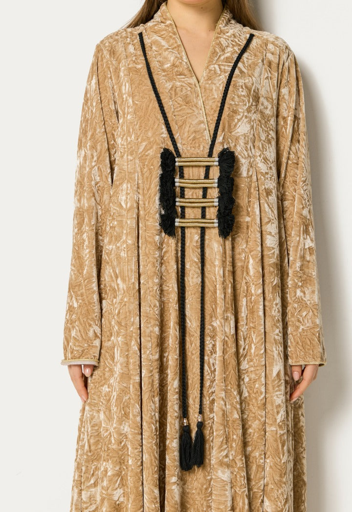 Crinkled Velvet Tassel Dress Beige