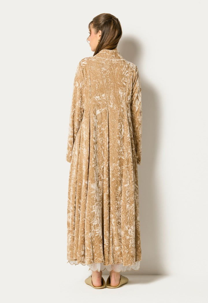 Crinkled Velvet Tassel Dress Beige