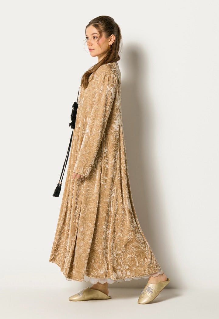 Crinkled Velvet Tassel Dress Beige