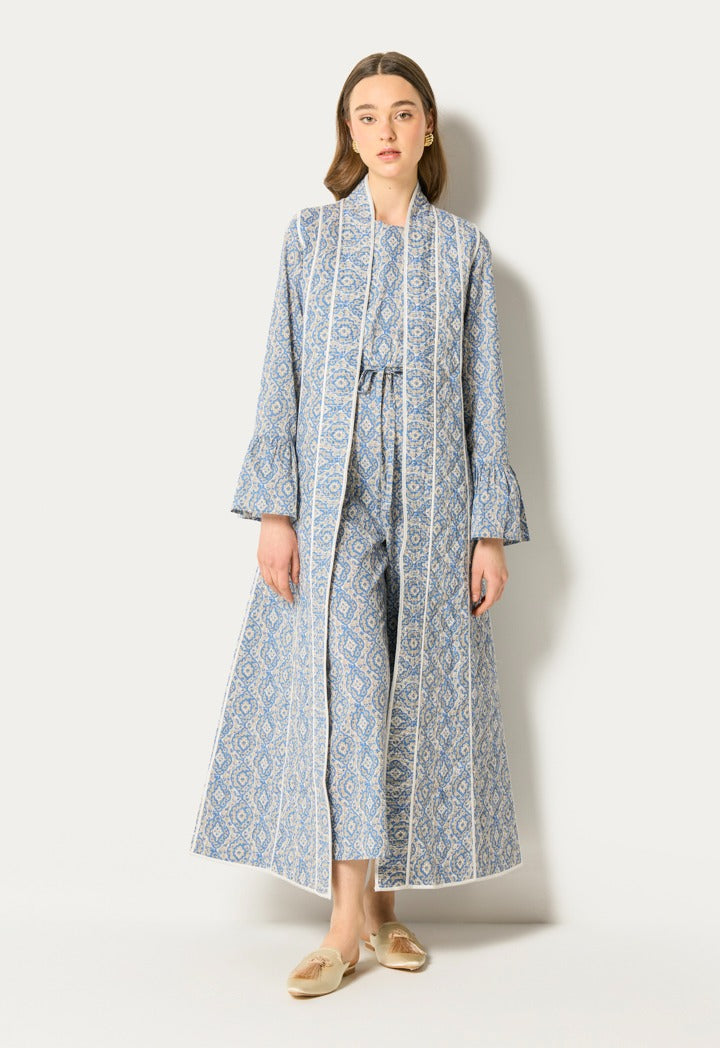 Printed Sleeveless Abaya And Jumpsuit Set (2Pcs) Blue