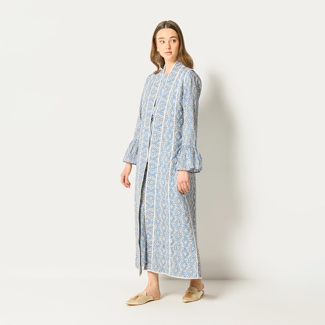 Printed Sleeveless Abaya And Jumpsuit Set (2Pcs) Blue