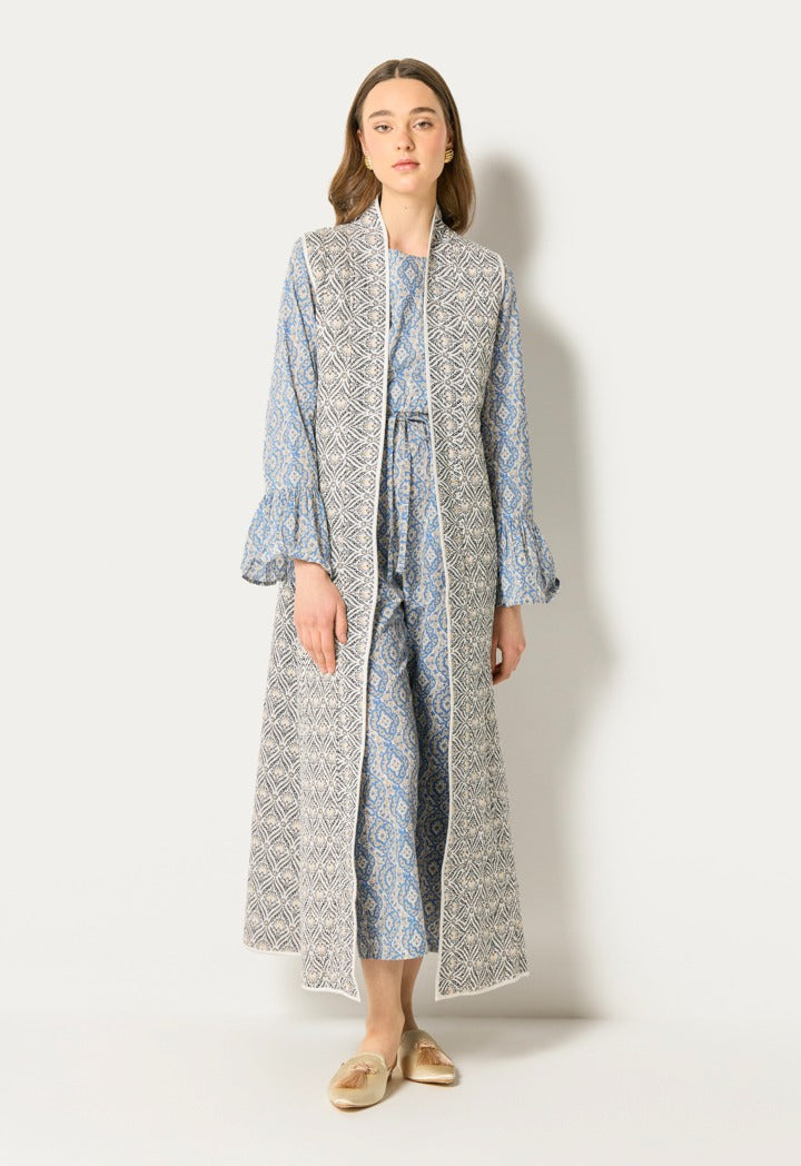 Printed Sleeveless Abaya And Jumpsuit Set (2Pcs) Blue