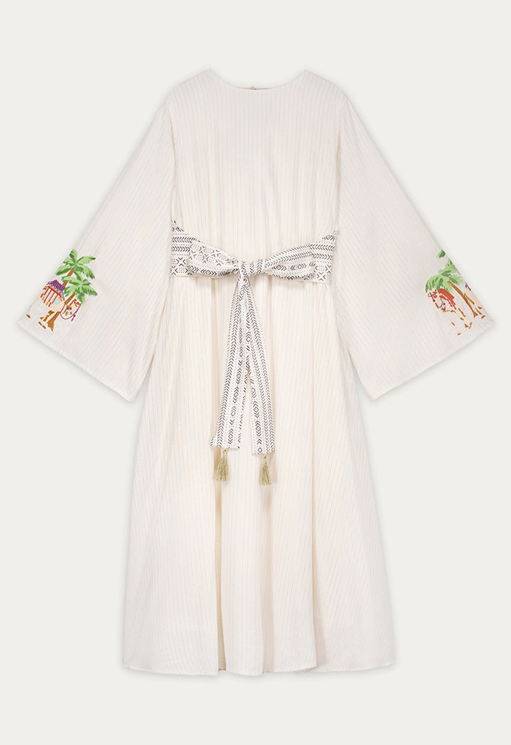 Attached Tie Lurex Striped Dress Off White