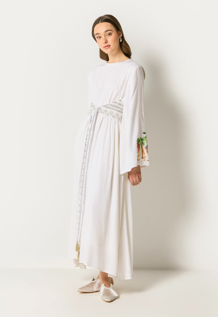 Attached Tie Lurex Striped Dress Off White