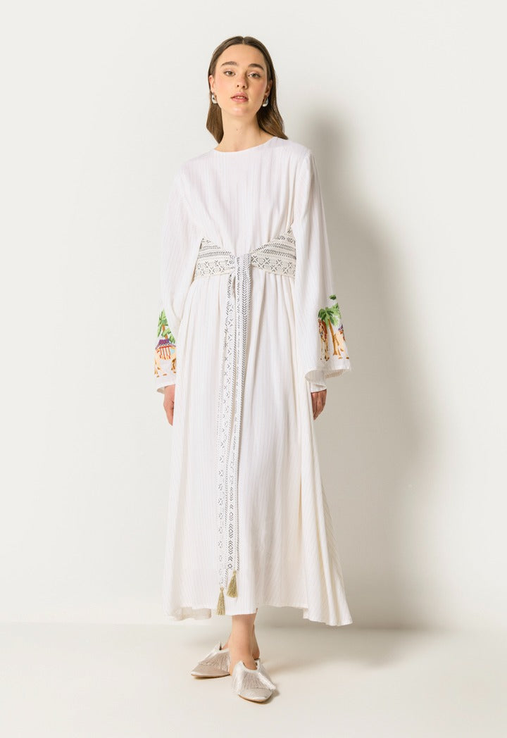Attached Tie Lurex Striped Dress Off White