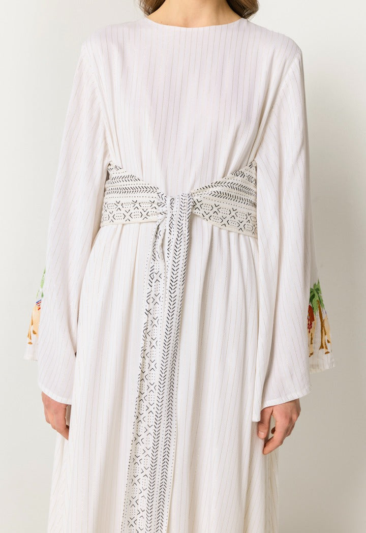 Attached Tie Lurex Striped Dress Off White