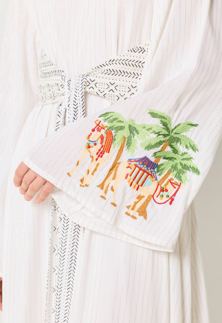 Attached Tie Lurex Striped Dress Off White