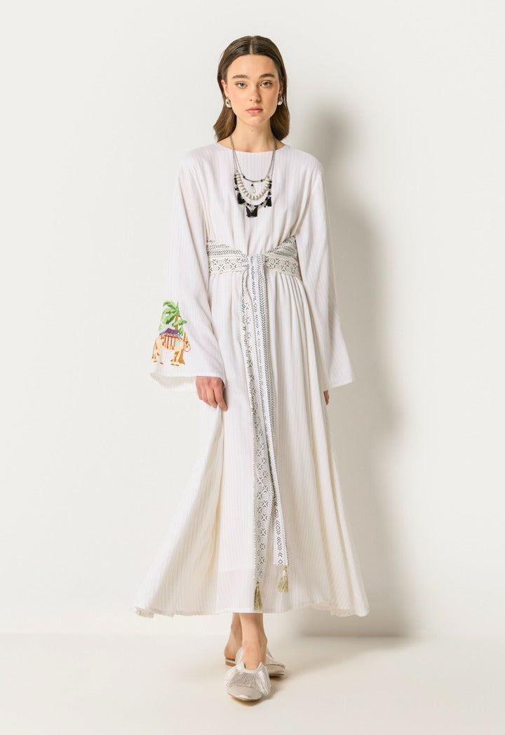 Attached Tie Lurex Striped Dress Off White