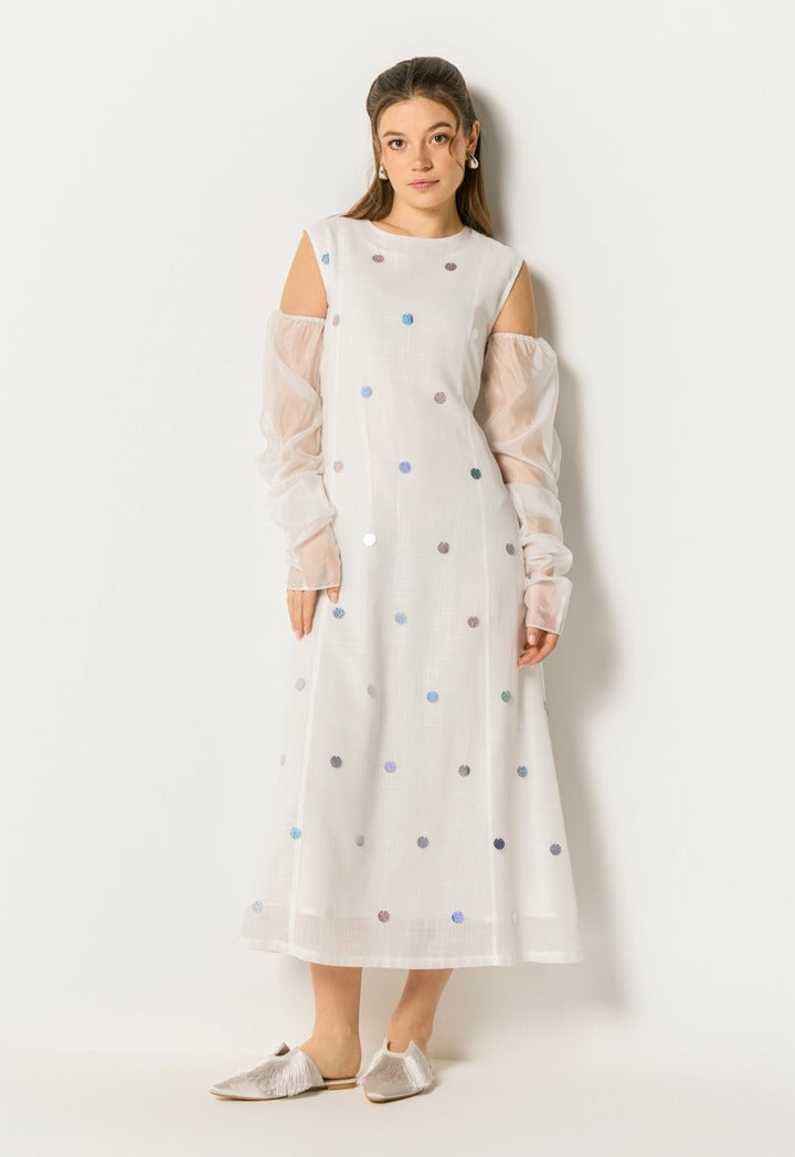 Sequin Dot Embellished Dress Set (2Pcs) Off White