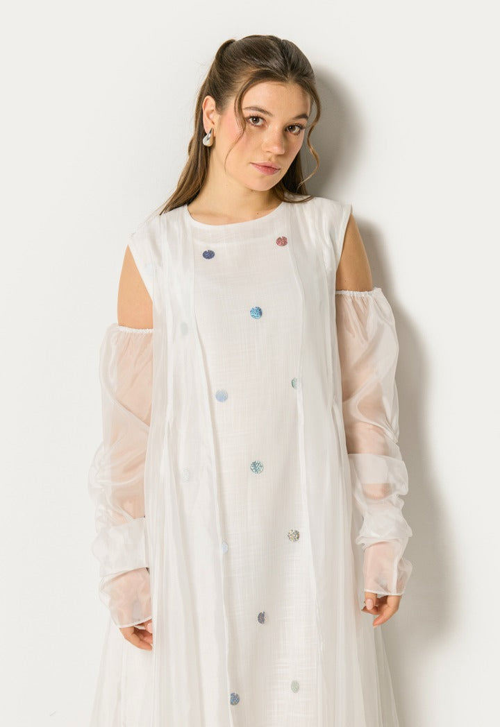 Sequin Dot Embellished Dress Set (2Pcs) Off White