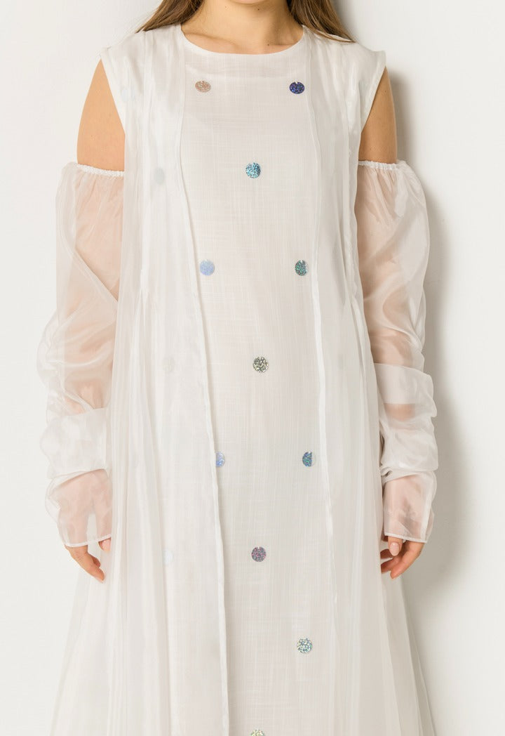 Sequin Dot Embellished Dress Set (2Pcs) Off White