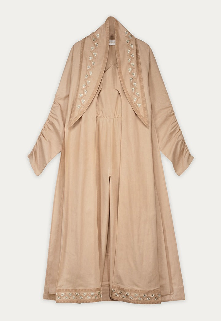 Embroidered Abaya And Jumpsuit Set ( 2Pcs) Beige