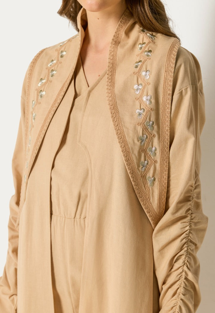 Embroidered Abaya And Jumpsuit Set ( 2Pcs) Beige