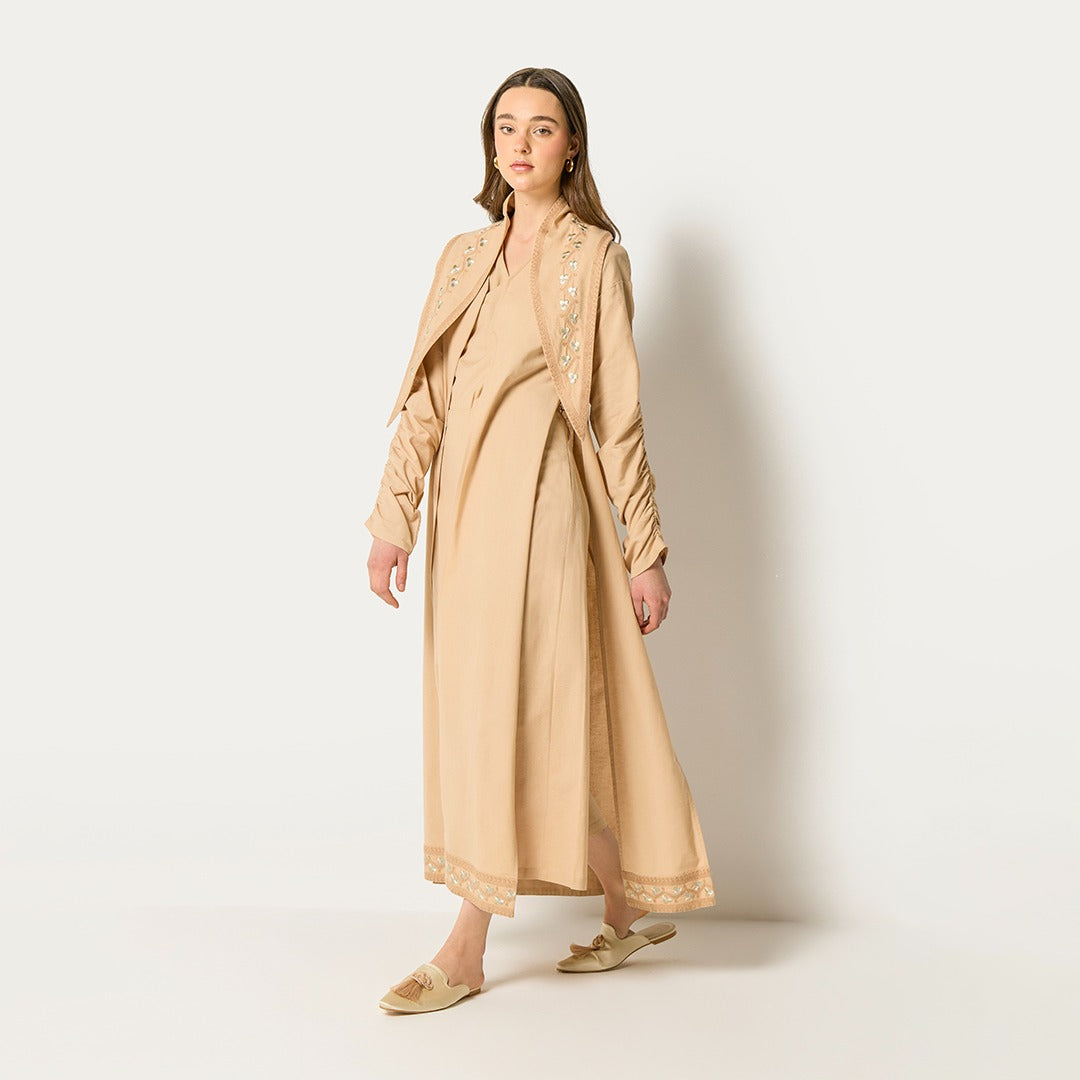 Embroidered Abaya And Jumpsuit Set ( 2Pcs) Beige
