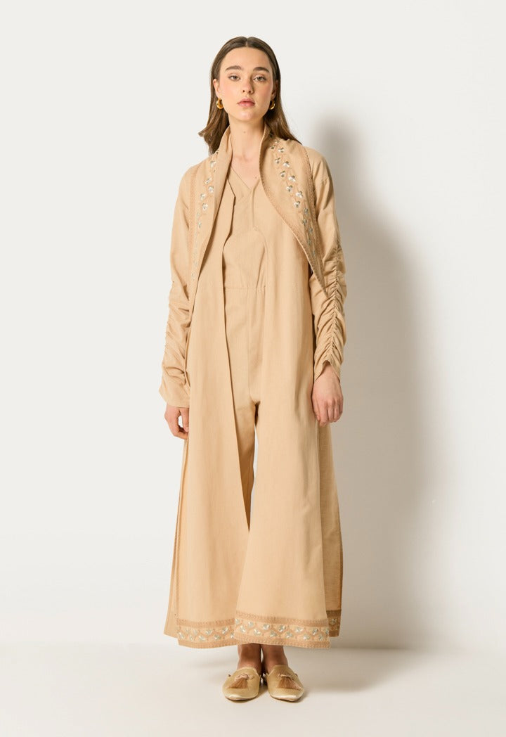 Embroidered Abaya And Jumpsuit Set ( 2Pcs) Beige