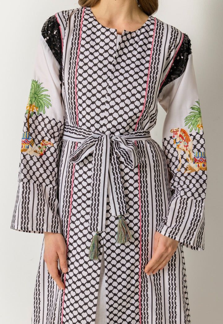 Printed Kaftan And Sleeveless Dress Set (2Pcs) Black