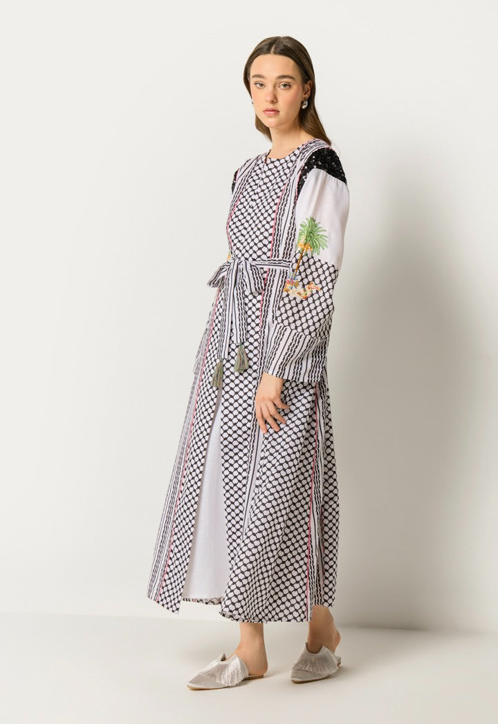 Printed Kaftan And Sleeveless Dress Set (2Pcs) Black