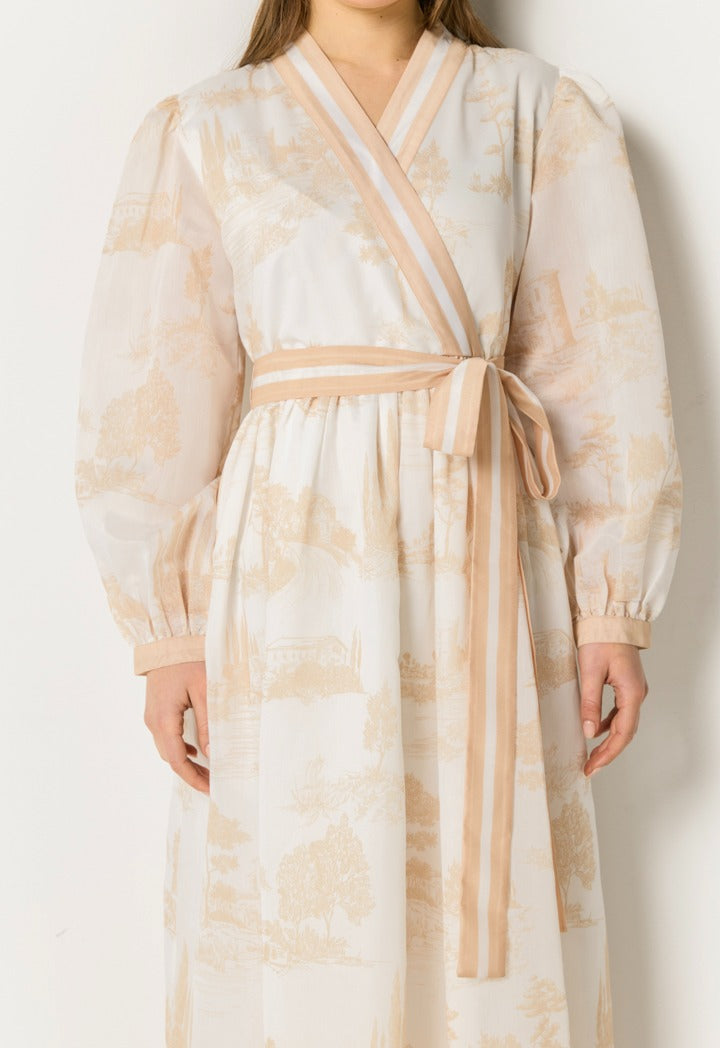 Contrast Printed Wrap Dress Beige