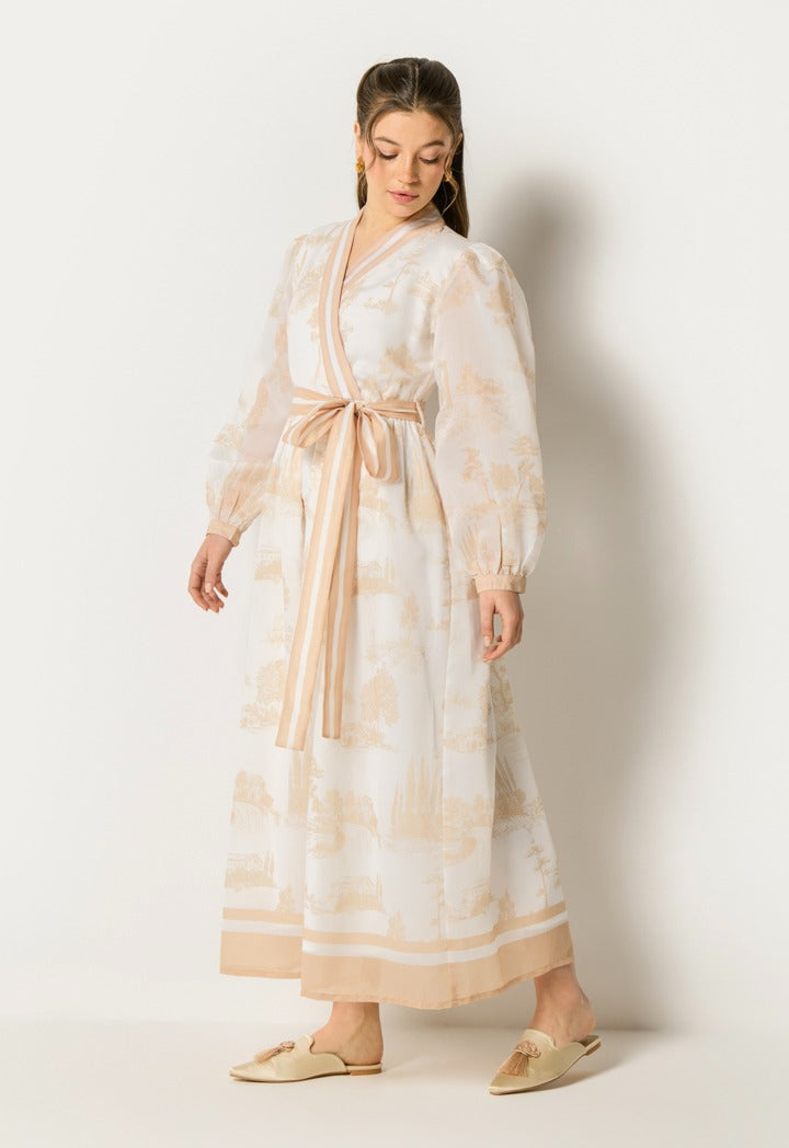Contrast Printed Wrap Dress Beige