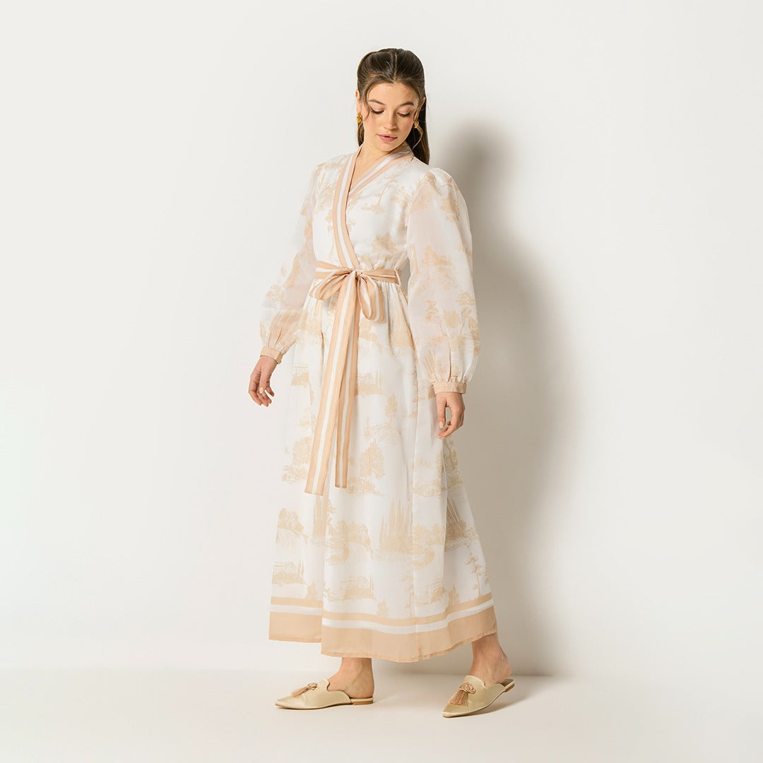 Contrast Printed Wrap Dress Beige