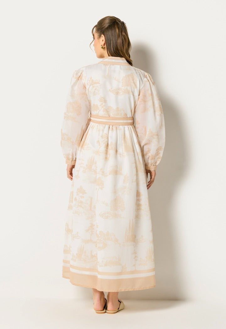 Contrast Printed Wrap Dress Beige