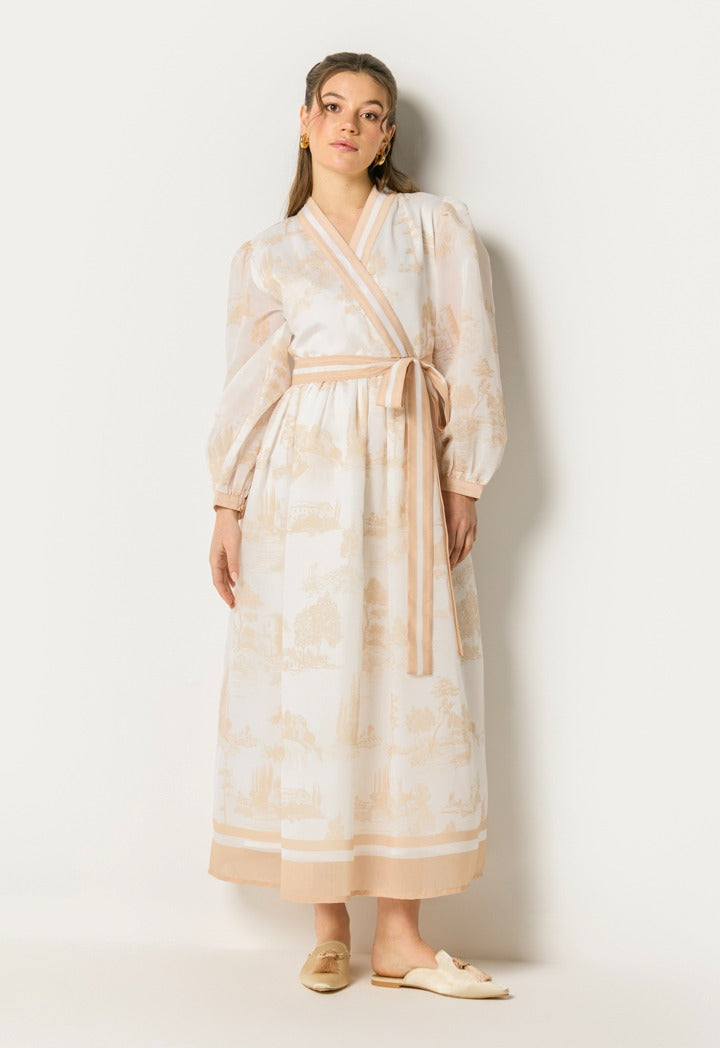 Contrast Printed Wrap Dress Beige