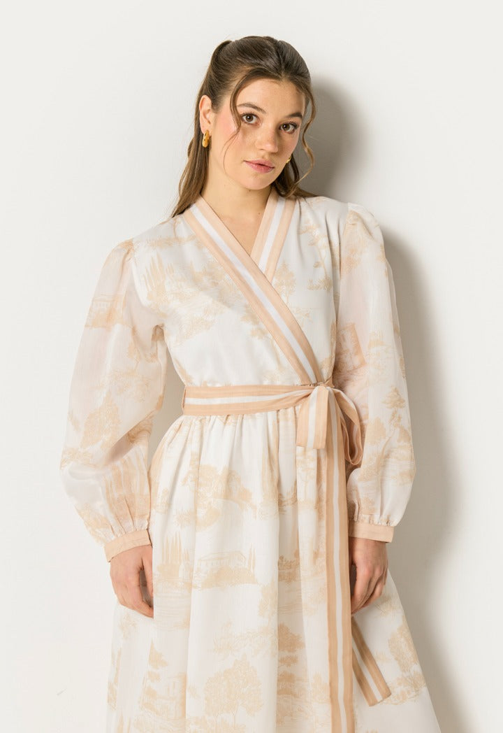 Contrast Printed Wrap Dress Beige