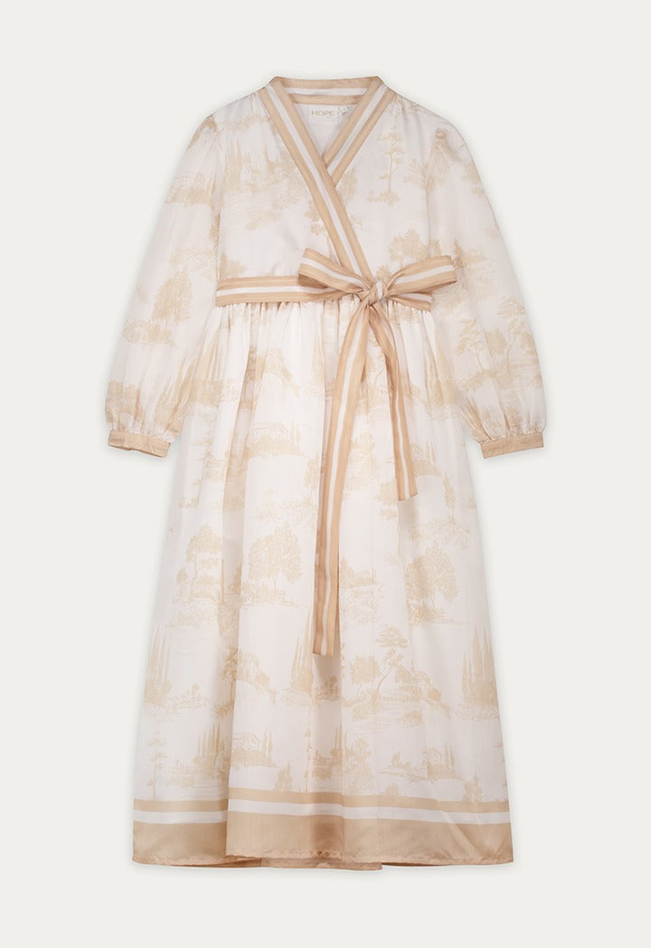 Contrast Printed Wrap Dress Beige