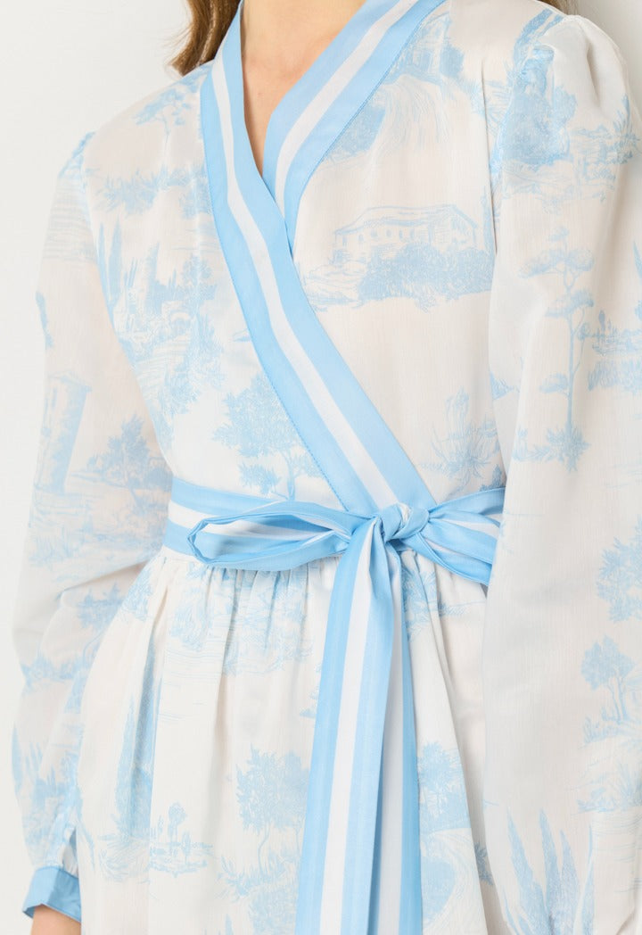 Contrast Printed Wrap Dress Blue