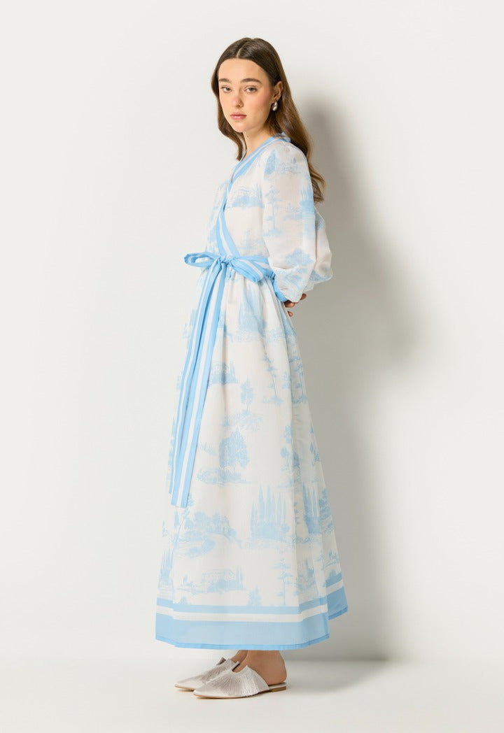 Contrast Printed Wrap Dress Blue