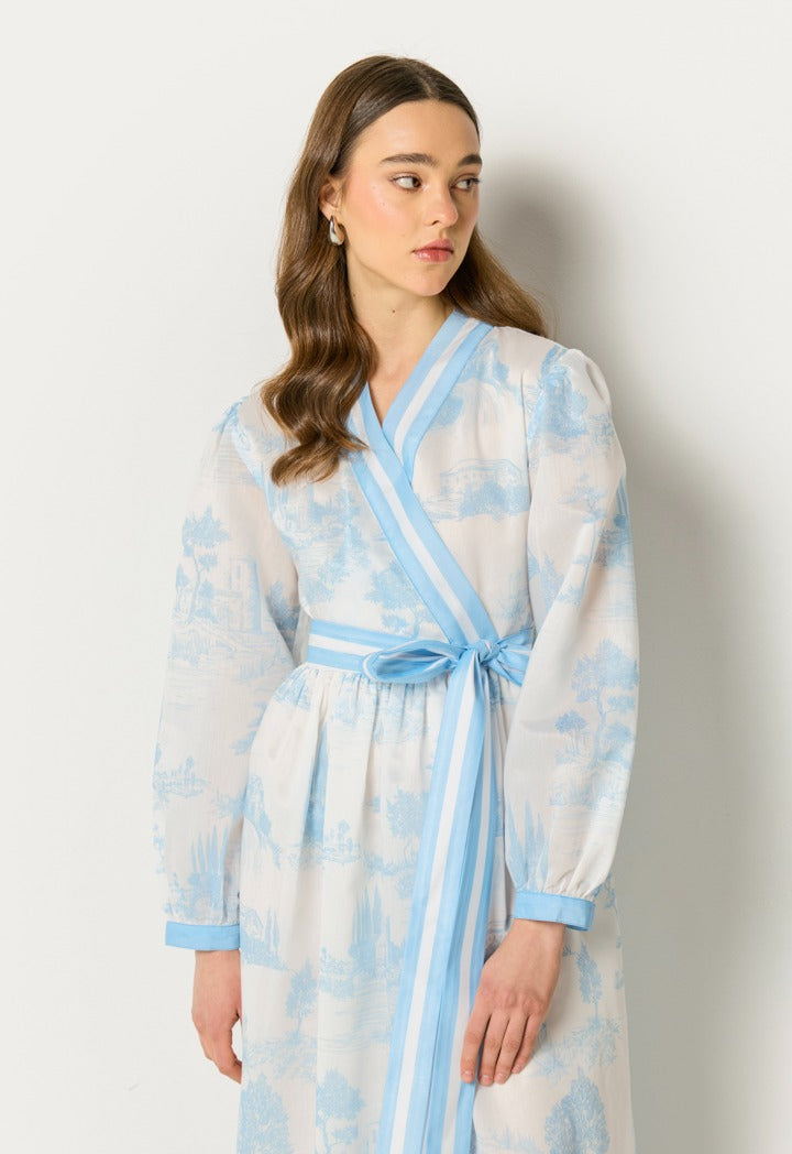 Contrast Printed Wrap Dress Blue