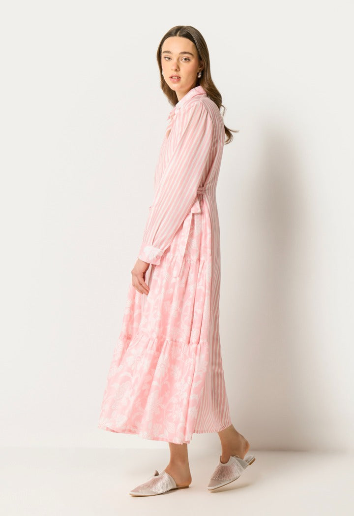 Printed Tiered Tie Waist Dress Pink