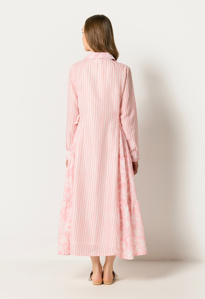 Printed Tiered Tie Waist Dress Pink