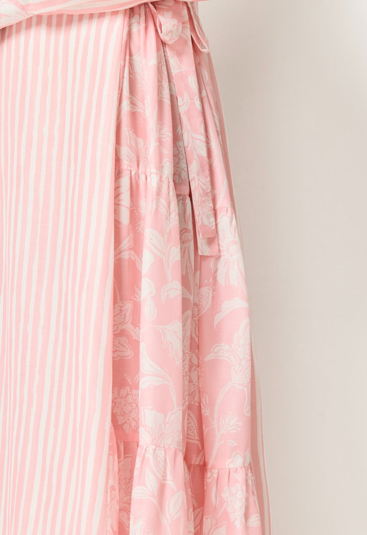 Printed Tiered Tie Waist Dress Pink