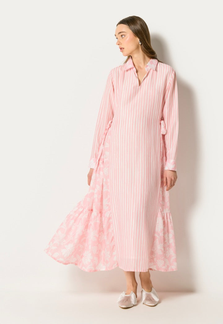 Printed Tiered Tie Waist Dress Pink
