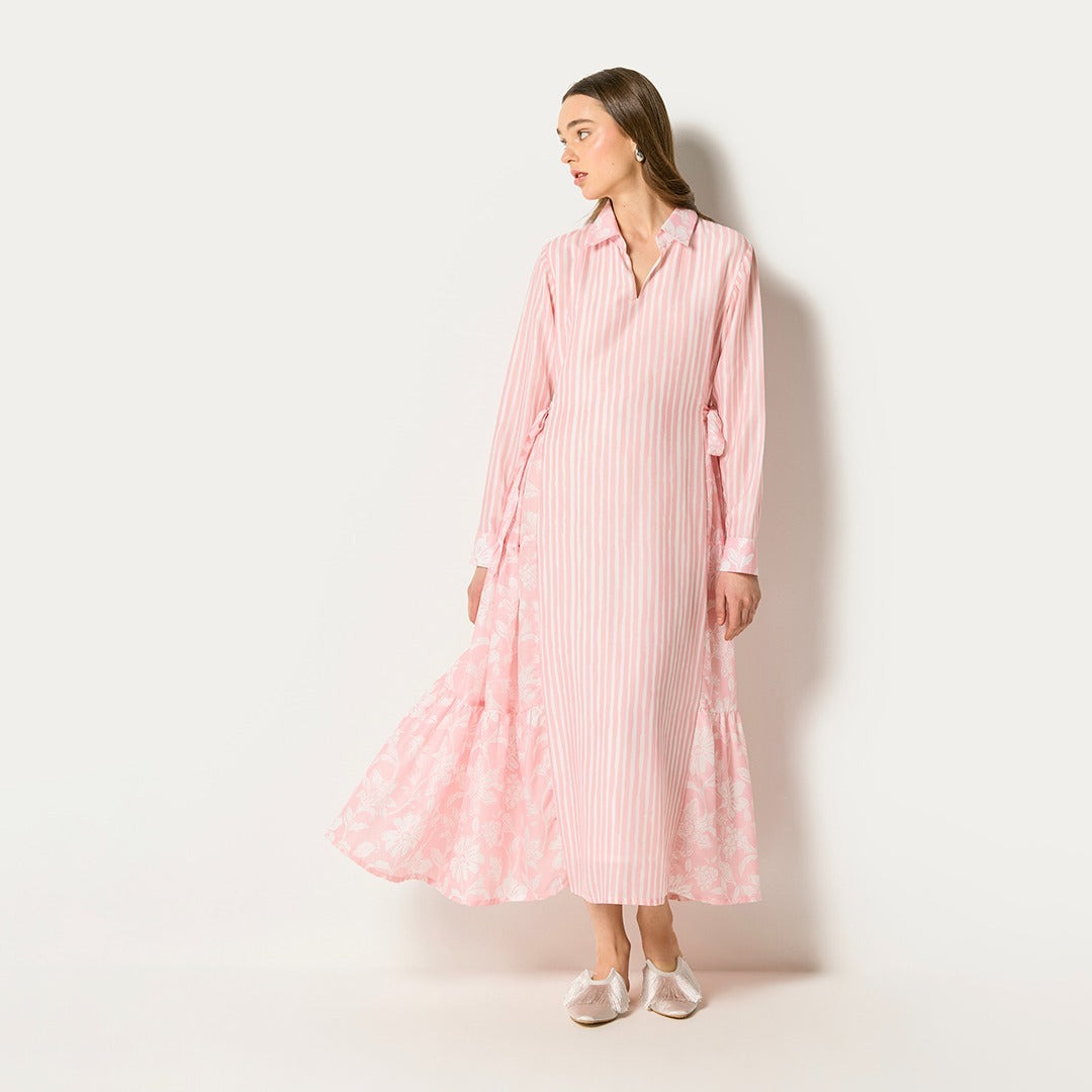 Printed Tiered Tie Waist Dress Pink