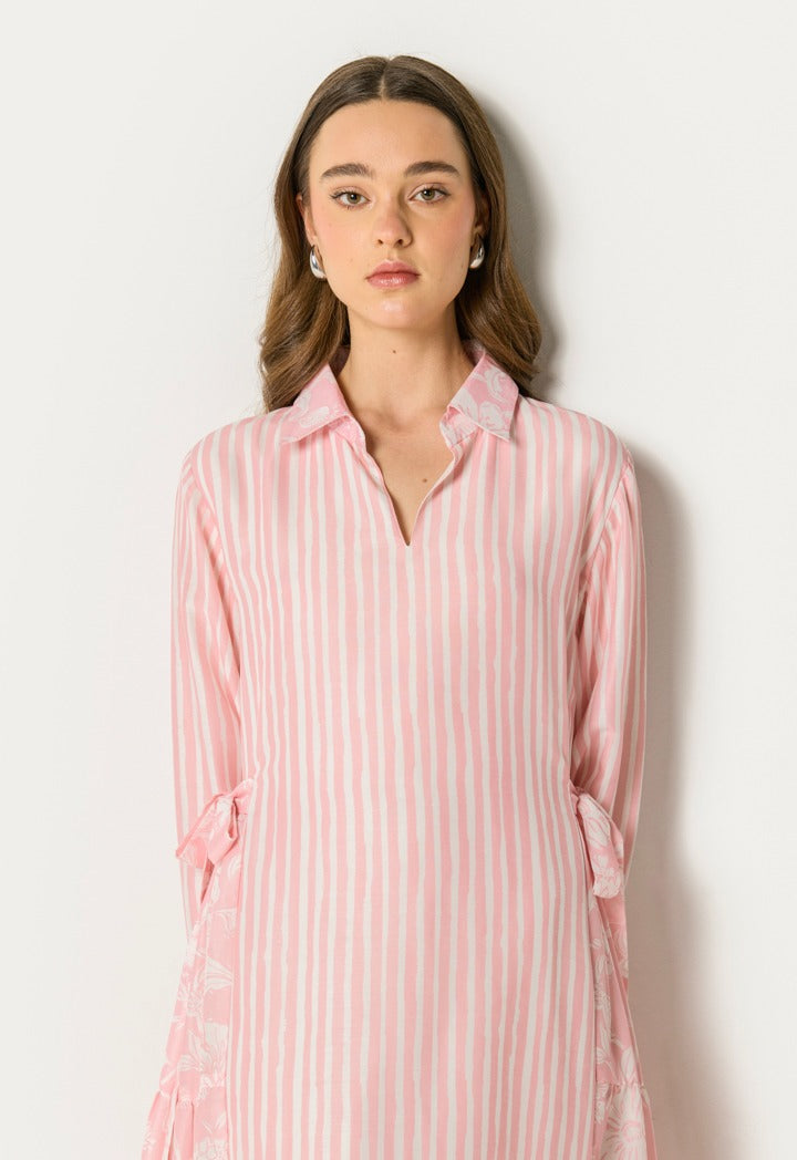 Printed Tiered Tie Waist Dress Pink