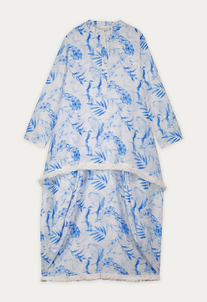 Layered Leaf Print Dress Blue