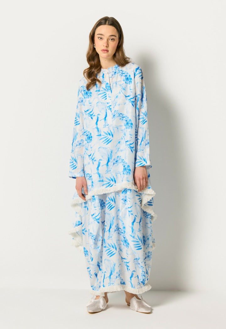 Layered Leaf Print Dress Blue