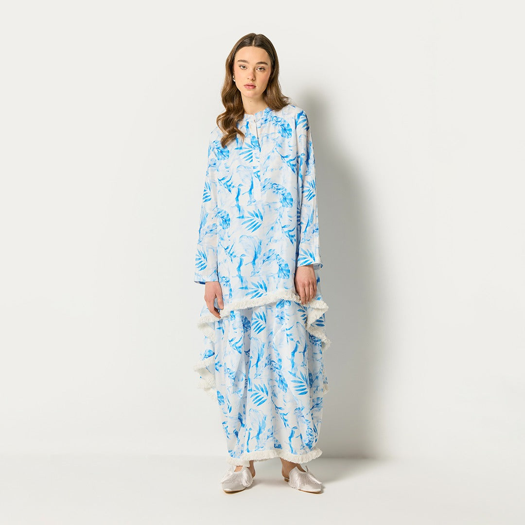 Layered Leaf Print Dress Blue